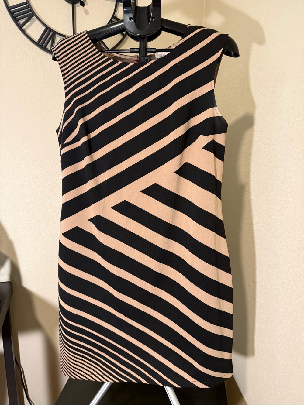 LOFT Black and Beige Diagonal Striped Sleeveless Sheath Dress